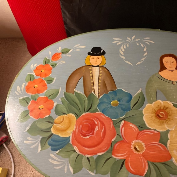 Vtg French Couple Oval Handpainted Folk Art Wooden bride box With Cover Marked - Picture 2 of 16